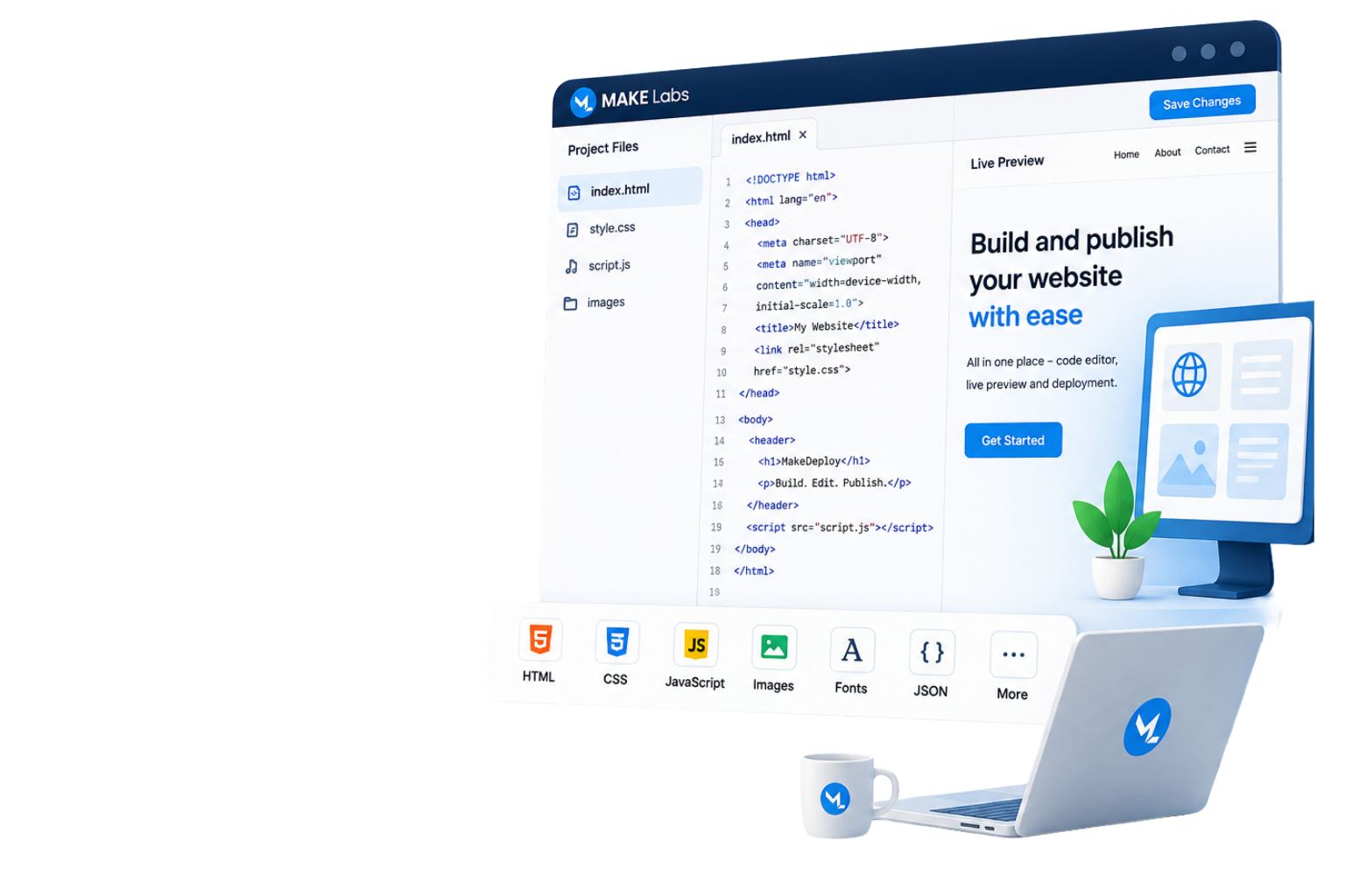 MakeDeploy browser editor, file manager and live website preview